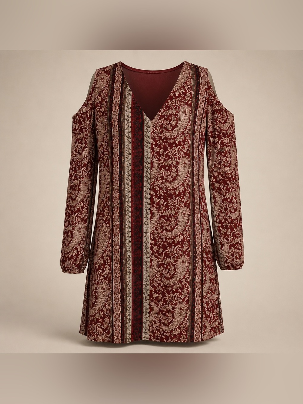 INTU Large Burgundy Print Long Sleeve Polyester Boho Style Tunic Casual Career